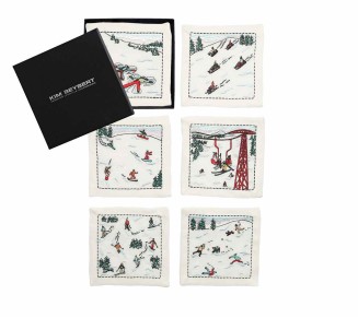 Apres Ski Cocktail Napkins in White & Multi, Set of 6 in a Gift Box