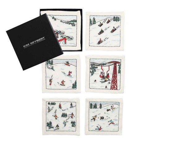 Apres Ski Cocktail Napkins in White & Multi, Set of 6 in a Gift Box