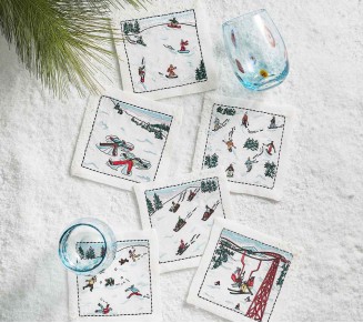 Apres Ski Cocktail Napkins in White & Multi, Set of 6 in a Gift Box