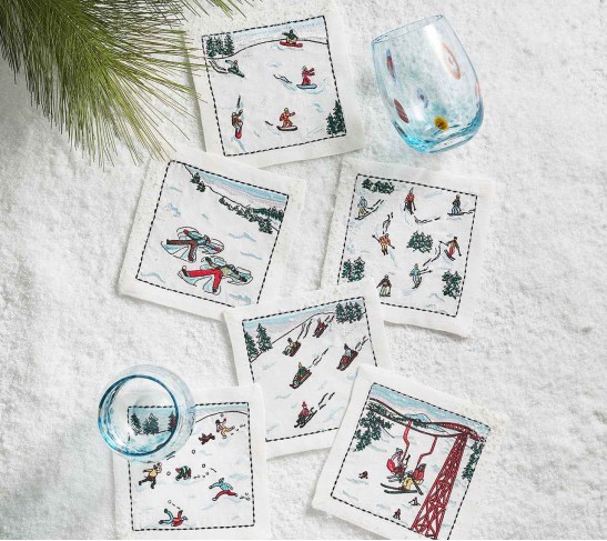 Apres Ski Cocktail Napkins in White & Multi, Set of 6 in a Gift Box