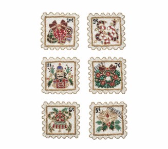 Xmas Stamps Coasters in Multi, Set of 6 in a Gift Bag