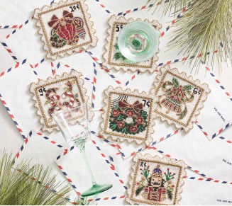 Xmas Stamps Coasters in Multi, Set of 6 in a Gift Bag