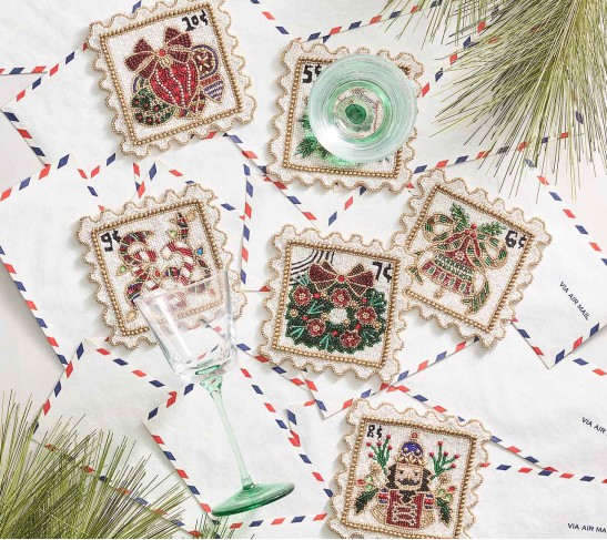 Xmas Stamps Coasters in Multi, Set of 6 in a Gift Bag