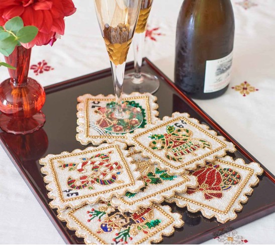 Xmas Stamps Coasters in Multi, Set of 6 in a Gift Bag