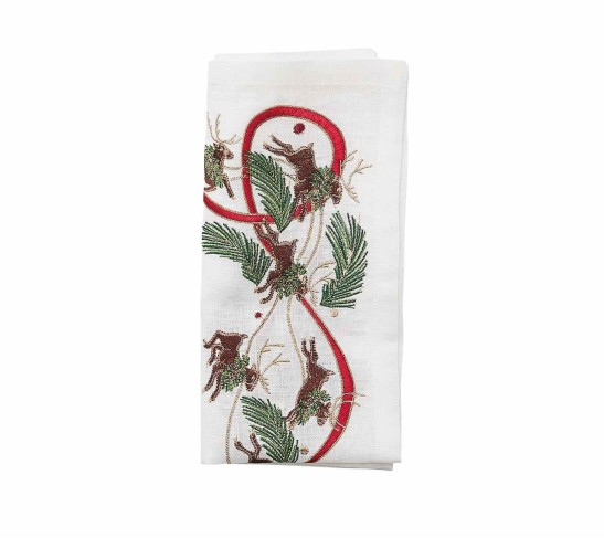 Reindeer Napkin in White, Red & Green, Set of 4