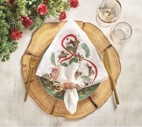 Reindeer Napkin in White, Red & Green, Set of 4