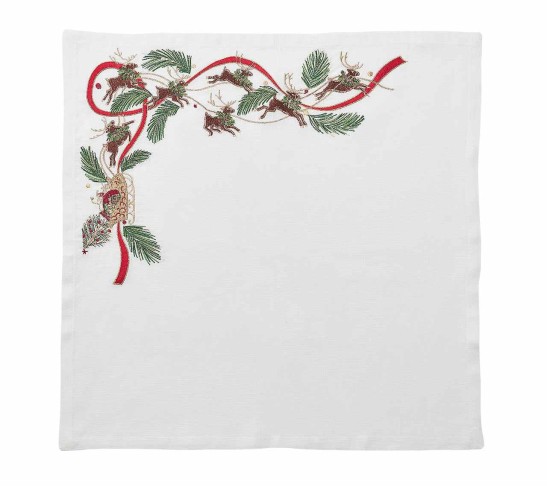 Reindeer Napkin in White, Red & Green, Set of 4