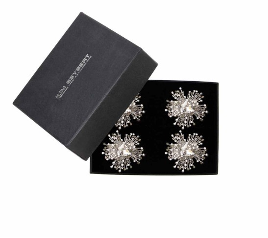 Gem Burst Napkin Ring in Crystal & Silver, Set of 4 in a Gift Box