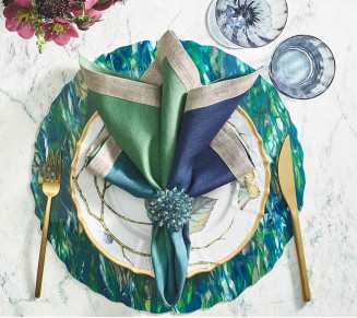 Zinnia Napkin Ring in Blue & Green, Set of 4