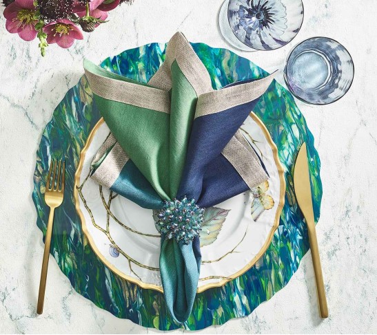 Zinnia Napkin Ring in Blue & Green, Set of 4