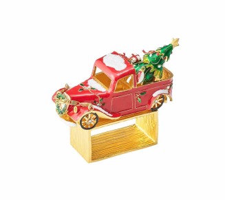 Xmas Truck Napkin Ring in Red, Green & Gold, Set of 4 in a Gift Box