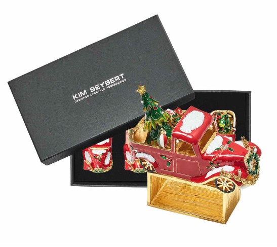 Xmas Truck Napkin Ring in Red, Green & Gold, Set of 4 in a Gift Box