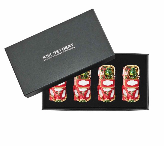 Xmas Truck Napkin Ring in Red, Green & Gold, Set of 4 in a Gift Box