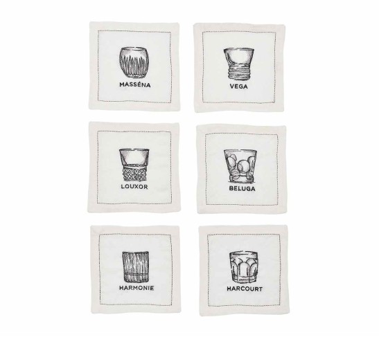 Cocktails Cocktail Napkins in White & Gunmetal, Set of 6 in a Box