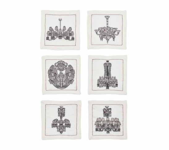 Chandelier Cocktail Napkins in White & Gunmetal, Set of 6 in a Box