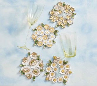 Gardenia Drink Coasters in Sky, White & Yellow, Set of 4 in a Gift Bag