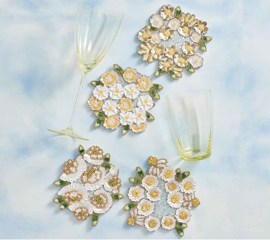 Gardenia Drink Coasters in Sky, White & Yellow, Set of 4 in a Gift Bag