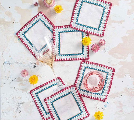 Frolic Cocktail Napkins in White & Multi, Set of 6 in a Gift Box