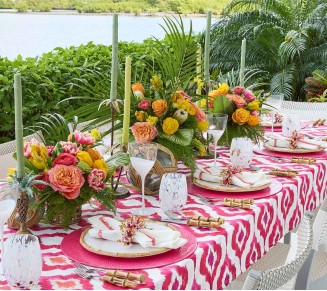 Watercolor Ikat Tablecloth in Fuchsia