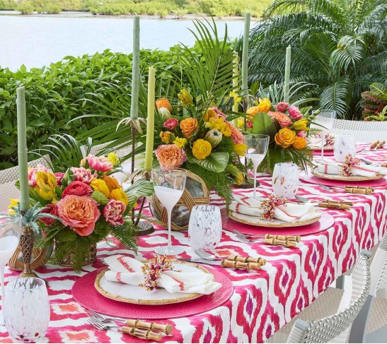 Watercolor Ikat Tablecloth in Fuchsia