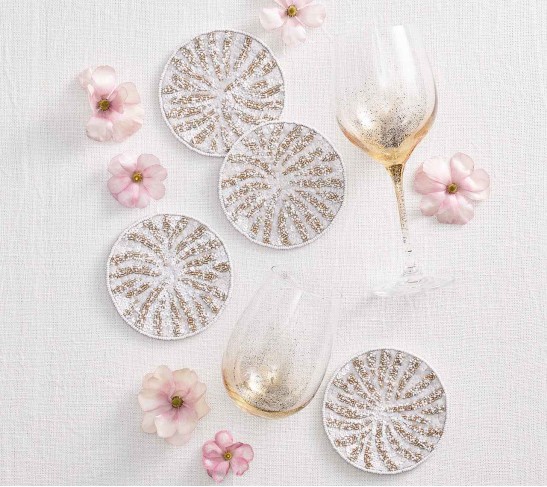 Fireworks Drink Coasters in White, Gold & Silver, Set of 4 in a Gift Bag