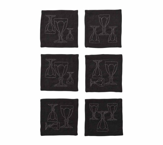 Harcourt Cocktail Napkin in Black & Gunmetal, Set of 6 in a Gift Box
