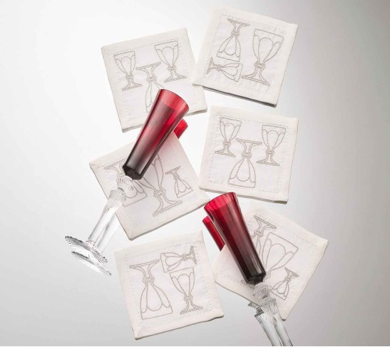 Harcourt Cocktail Napkin in White & Silver, Set of 6 in a Gift Box