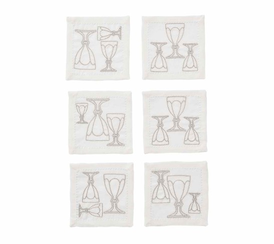 Harcourt Cocktail Napkin in White & Silver, Set of 6 in a Gift Box