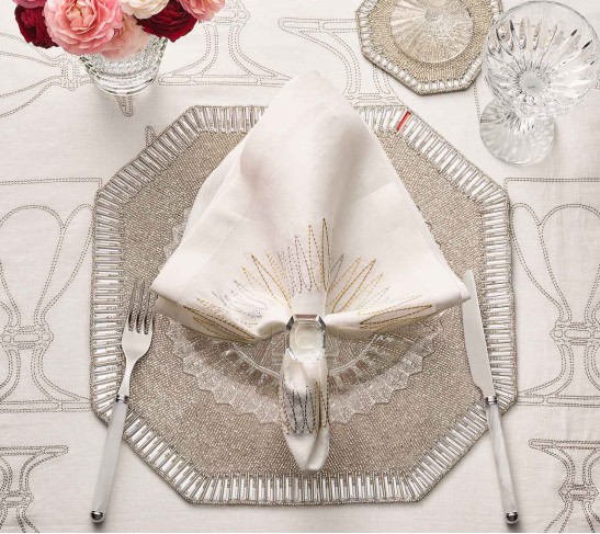 Massena Napkin in White, Gold & Silver, Set of 4 in a Gift Box