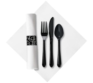 CaterWrap Pre-Rolled Cutlery, Silver Swirl Linen-Like Napkin, Black/White, Case Of 100 Rolls