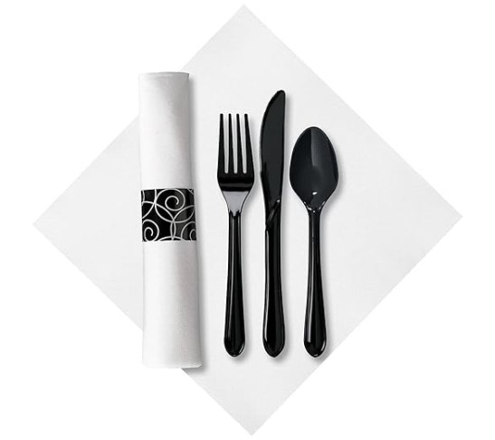 CaterWrap Pre-Rolled Cutlery, Silver Swirl Linen-Like Napkin, Black/White, Case Of 100 Rolls