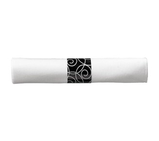 CaterWrap Pre-Rolled Cutlery, Silver Swirl Linen-Like Napkin, Black/White, Case Of 100 Rolls