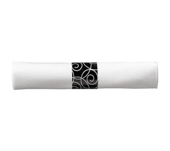 CaterWrap Pre-Rolled Cutlery, Silver Swirl Linen-Like Napkin, Black/White, Case Of 100 Rolls