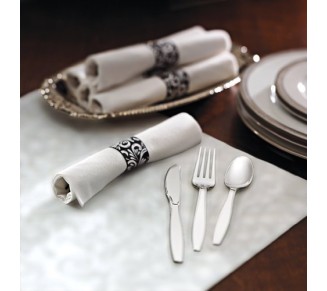 119978 Linen-Like CaterWrap Pre-Rolled Dinner Napkin and Heavyweight Cutlery, Scroll, White/Metallic (Case of 100), 17 x 17 inches