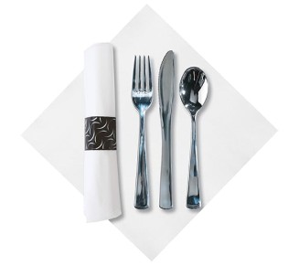 119979 FashnPoint CaterWrap Pre-Rolled Dinner Napkin and Heavyweight Cutlery, Crescent, White/Metallic (Case of 100),15.5x15.5 inch