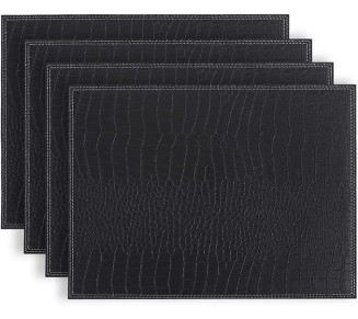 Placemats Set of 4 Firm Faux Leather PU, Durable 16"x12" Heat & Stain Resistant Easy to Clean, Crocodile Pattern Home Decor (Black)