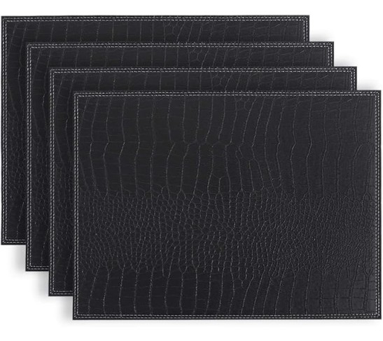 Placemats Set of 4 Firm Faux Leather PU, Durable 16"x12" Heat & Stain Resistant Easy to Clean, Crocodile Pattern Home Decor (Black)