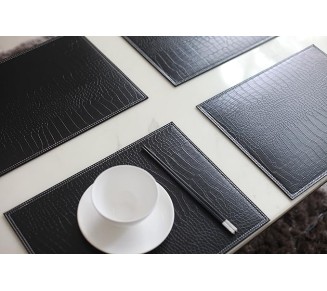 Placemats Set of 4 Firm Faux Leather PU, Durable 16"x12" Heat & Stain Resistant Easy to Clean, Crocodile Pattern Home Decor (Black)