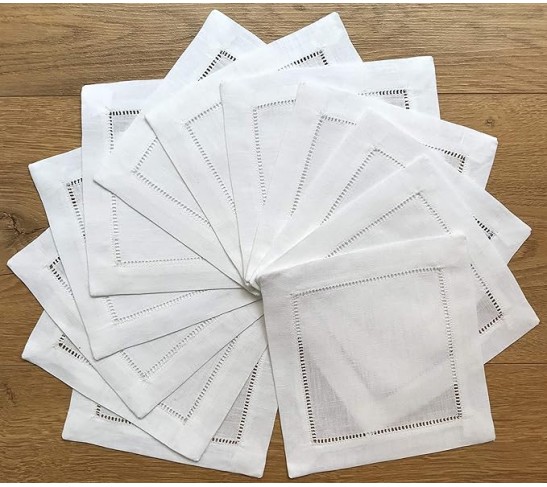 White Linen Cocktail Napkin 6"x6" Set of 50 Linen Cloth Napkin Coasters-Ladder Hemstitch 100% Linen Beverage Party Napkin Coaster Super Value Bulk 50 Pack