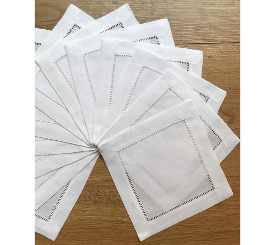White Linen Cocktail Napkin 6"x6" Set of 50 Linen Cloth Napkin Coasters-Ladder Hemstitch 100% Linen Beverage Party Napkin Coaster Super Value Bulk 50 Pack