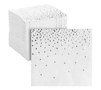 100 Pack Confetti Foil Silver Cocktail Napkins 5x5 inch, 3-Ply Disposable Polka Dot Beverage Napkins for Reception, Bridal Shower, Birthday Party Supplies, Dessert Napkin Wedding