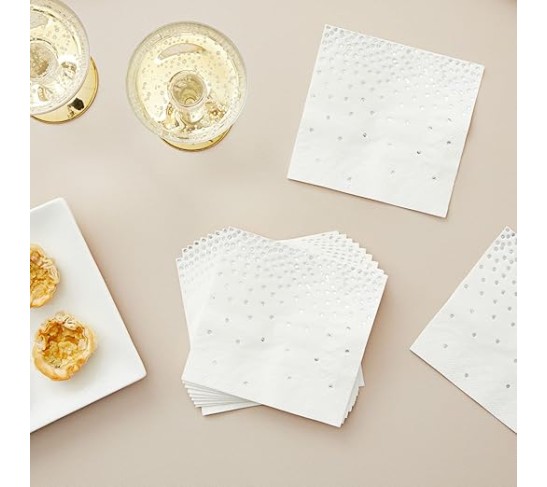 100 Pack Confetti Foil Silver Cocktail Napkins 5x5 inch, 3-Ply Disposable Polka Dot Beverage Napkins for Reception, Bridal Shower, Birthday Party Supplies, Dessert Napkin Wedding