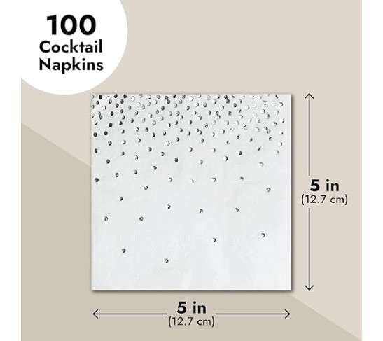 100 Pack Confetti Foil Silver Cocktail Napkins 5x5 inch, 3-Ply Disposable Polka Dot Beverage Napkins for Reception, Bridal Shower, Birthday Party Supplies, Dessert Napkin Wedding