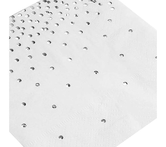 100 Pack Confetti Foil Silver Cocktail Napkins 5x5 inch, 3-Ply Disposable Polka Dot Beverage Napkins for Reception, Bridal Shower, Birthday Party Supplies, Dessert Napkin Wedding