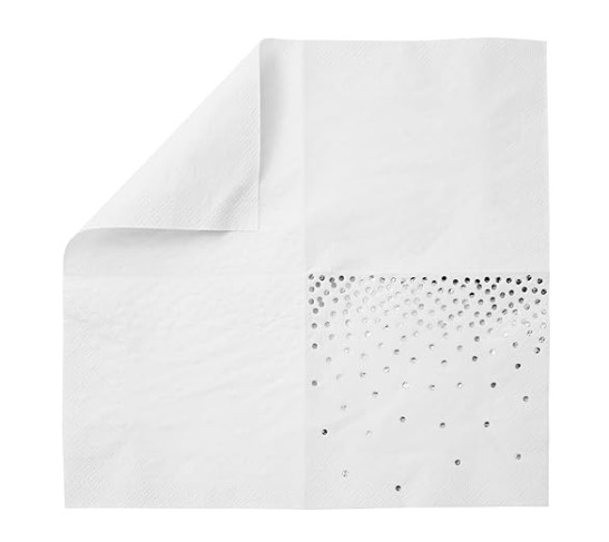 100 Pack Confetti Foil Silver Cocktail Napkins 5x5 inch, 3-Ply Disposable Polka Dot Beverage Napkins for Reception, Bridal Shower, Birthday Party Supplies, Dessert Napkin Wedding