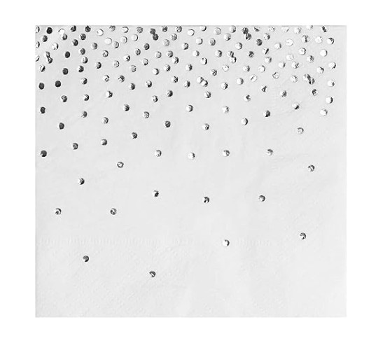 100 Pack Confetti Foil Silver Cocktail Napkins 5x5 inch, 3-Ply Disposable Polka Dot Beverage Napkins for Reception, Bridal Shower, Birthday Party Supplies, Dessert Napkin Wedding