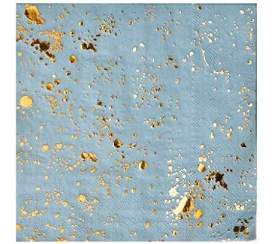 Malibu Blue Party Napkin Set, 60 Ct, 6.5” Disposable Paper Cocktail, Bar, Dessert Napkins for Birthday, Wedding, Shower, Anniversary, Engagement, Holiday, Light Blue & Gold Foil