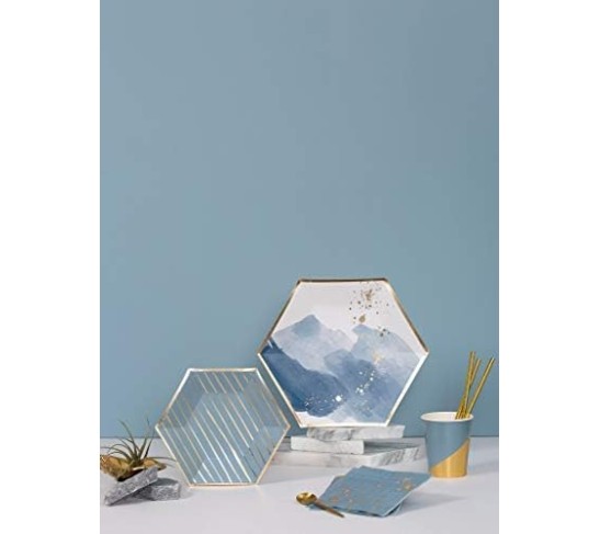 Malibu Blue Party Napkin Set, 60 Ct, 6.5” Disposable Paper Cocktail, Bar, Dessert Napkins for Birthday, Wedding, Shower, Anniversary, Engagement, Holiday, Light Blue & Gold Foil