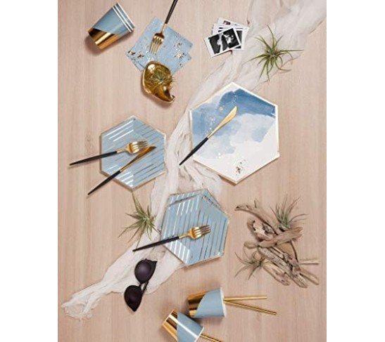Malibu Blue Party Napkin Set, 60 Ct, 6.5” Disposable Paper Cocktail, Bar, Dessert Napkins for Birthday, Wedding, Shower, Anniversary, Engagement, Holiday, Light Blue & Gold Foil