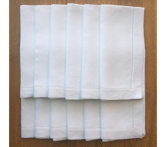 White Linen Hem Stitch Dinner Napkins - Set of 12 20"x20"-Ladder Hem Stitch 100% Linen Cloth Napkins-Super Value Bulk 12 Pack